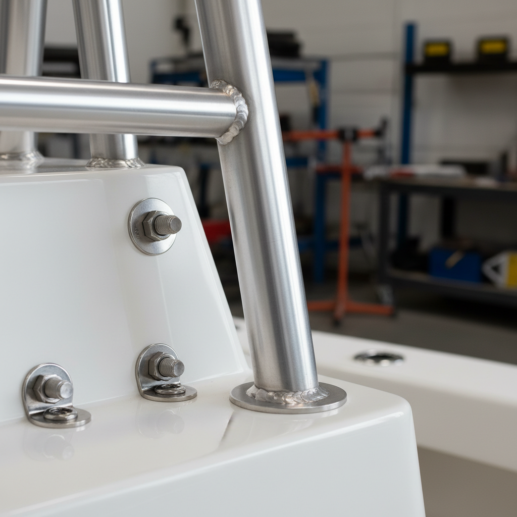 A close-up, detail-focused view of a marine tower’s welding and joints reveals immaculate TIG weld beads along thick aluminum tubing, each curve uniform and precise. The tower is mounted to a glossy white fiberglass console, with polished stainless-steel hardware and backing plates visible. Neutral studio-style lighting, soft and evenly diffused, eliminates glare and highlights every contour of the metal and textured gelcoat. The background is intentionally minimal and out of focus, suggesting a clean workshop environment with hints of tools and equipment blurred in the distance. Captured with a macro lens aesthetic and shallow depth of field, the photographic composition feels technical, meticulous, and highly professional, emphasizing craftsmanship and build quality above all else.