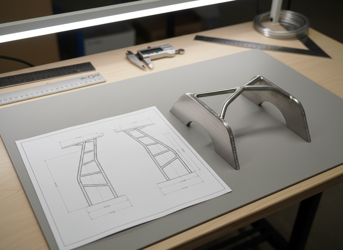 A precision CAD-style display rendered as a hyper-real photographic printout lies on a clean drafting table, showing a detailed side profile and overhead view of a custom marine tower design. Next to it, a scale aluminum mockup section with sample welds rests on a smooth, light-gray surface. Overhead neutral-white lighting produces even illumination with minimal shadows, enhancing line clarity on the plans and the satin finish of the metal. The surrounding environment includes carefully blurred hints of calipers, square rulers, and tubing offcuts, suggesting an engineering-focused fabrication shop. Captured from a top-down, slightly offset angle, the composition feels technical, organized, and highly professional, reinforcing a design-driven, precision fabrication process for marine towers.