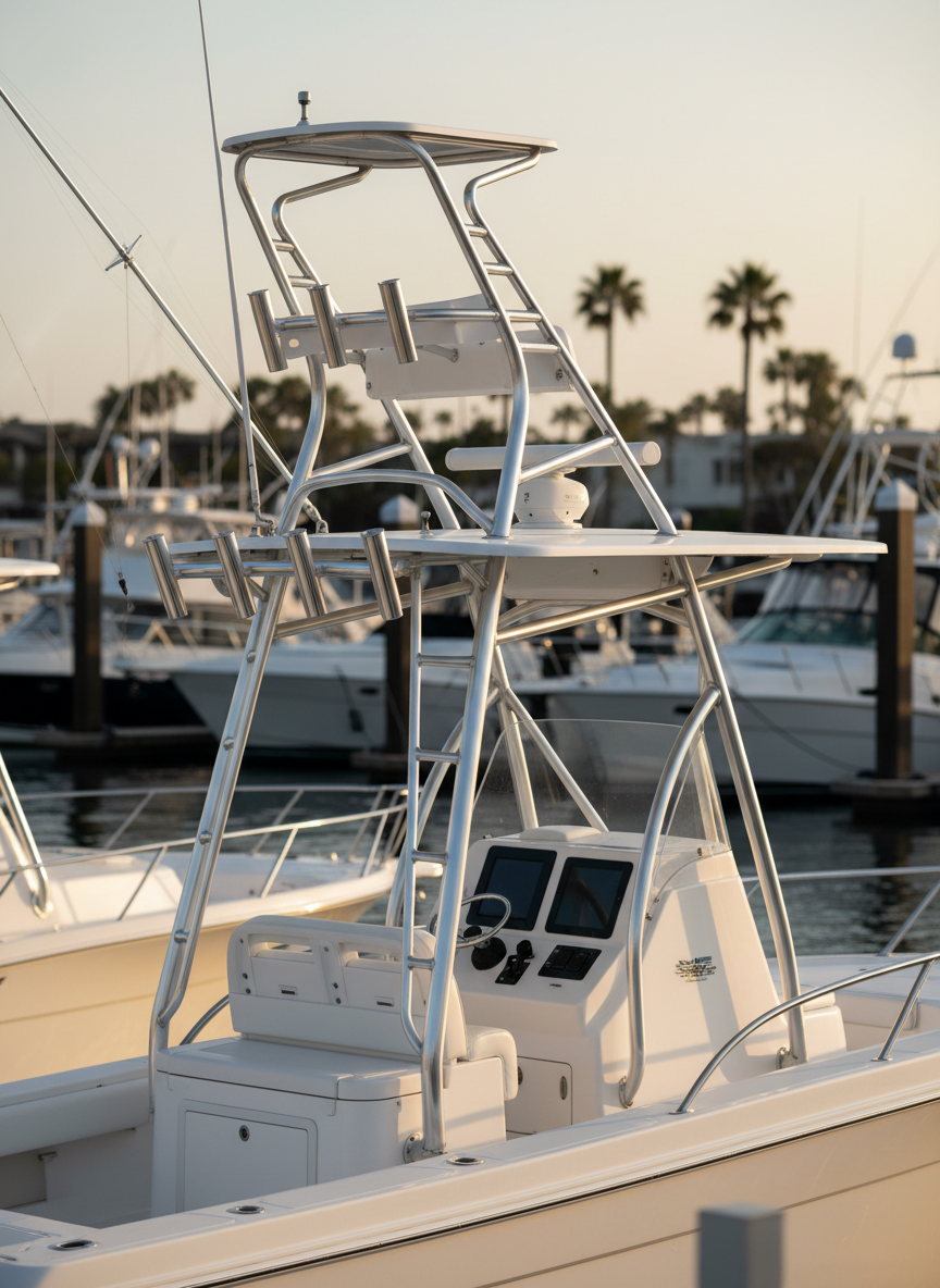 A gleaming custom marine tower fabricated from polished anodized aluminum rises above a sleek white center-console boat, docked at a modern Orange County marina. Precision-welded joints and clean, symmetrical tubing emphasize craftsmanship, with integrated rod holders and a radar mount clearly visible. Late afternoon coastal sunlight reflects off the metal surfaces, creating crisp highlights and soft shadows on the deck. In the background, other boats and slips fall into a gentle photographic blur. Captured at eye level with a slightly angled three-quarter view, the composition focuses on the tower’s structure and proportions. The mood is professional and confident, with clean, photographic realism that showcases premium marine engineering.