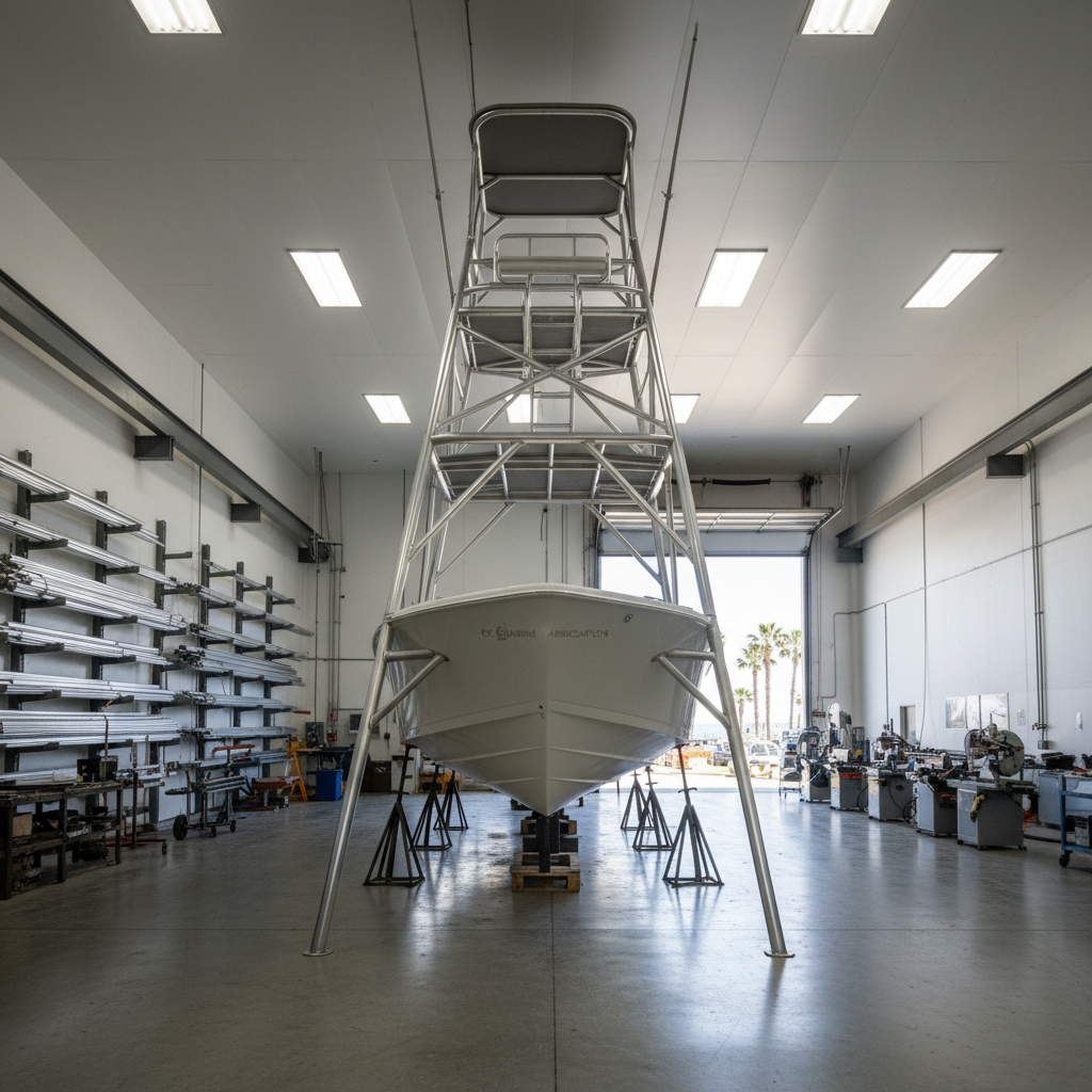 Inside a spotless marine fabrication shop, a nearly completed custom tuna tower stands over a hull on stands, its multi-level platforms and ladder system constructed from thick, polished aluminum tubing. Organized racks of raw tubing and precision cutting equipment line the walls in soft focus. Overhead LED shop lighting casts a bright, neutral illumination, creating crisp reflections on the metal and subtle shadows across the concrete floor. A large open bay door at the far end adds a touch of natural daylight, hinting at the coastal environment outside. Photographed from a low, wide-angle perspective, the tower appears imposing and engineered, with a clean, modern, and professional atmosphere suited for a premier Orange County marine fabrication brand.
