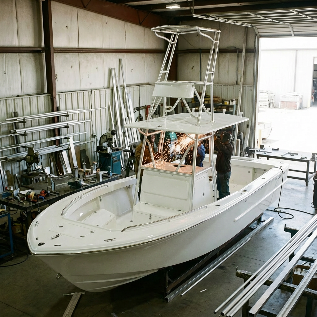 Workers building aluminum boat in workshop with sign: OCEAN CRAFT FABRICATION - EST. 1998 -