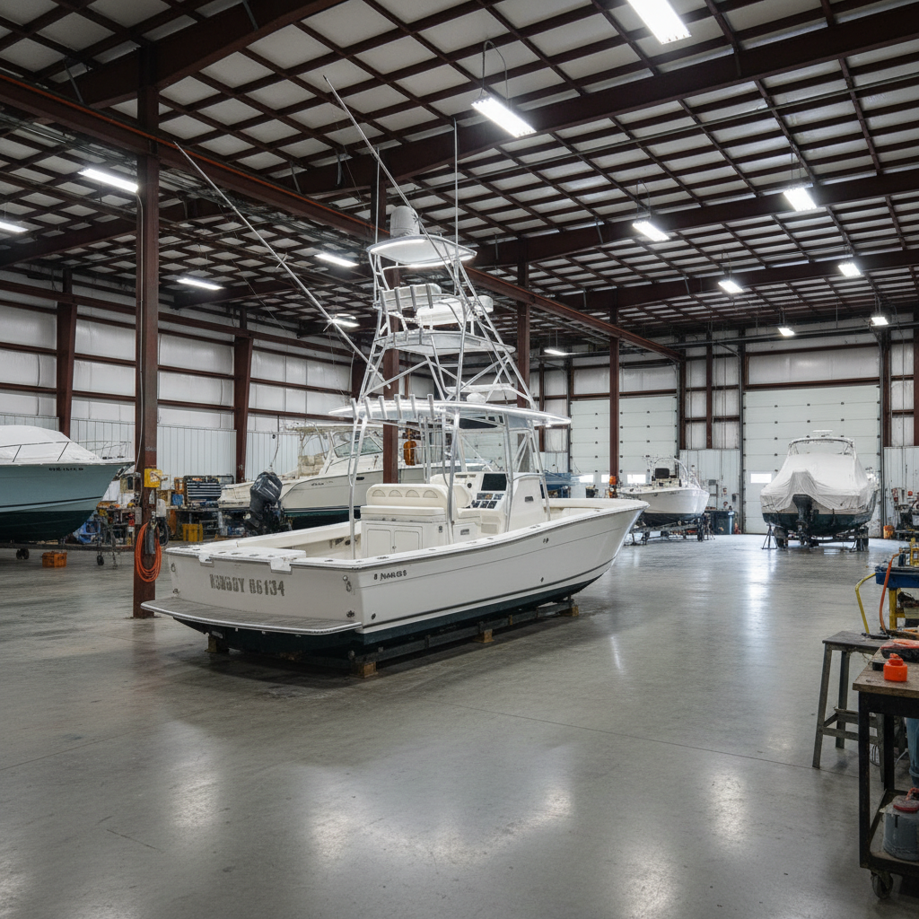 A night-time marina scene featuring a center-console boat at the dock, its custom T-top and tower outlined by integrated cool-white LED accent lighting. The tower’s aluminum tubing subtly gleams against the dark sky, with radar, antenna mounts, and rocket launcher rod holders clearly visible. Dock cleats, fenders, and the textured nonskid deck surface catch gentle pools of light. Reflections ripple in the black water, mirroring the illuminated structure. The image is shot from a low angle near the dock edge, emphasizing height and presence. The mood is high-end and slightly dramatic, with photographic realism and controlled exposure that showcase the tower’s functionality and premium, after-hours appeal.